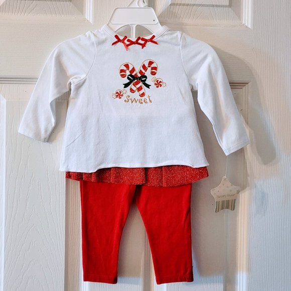 NWT Candy Canes "Sweet" Christmas/Holiday Two Piece w/Matching Socks-Sz 6 mos! - Picture 2 of 15